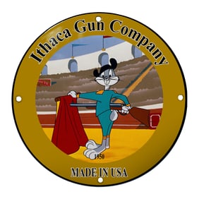 Ithaca Gun Company Porcelain Sign Featuring Cartoon Bullfighter - Made in USA, 1950