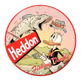 Vintage Heddon Fishing Tackle Porcelain Sign Featuring Animated Duck and Fish
