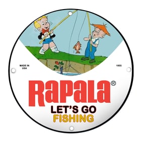 Colorful 1955 Rapala Fishing Sign with Playful Cartoon Characters