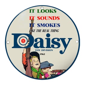 Vivid Porcelain Sign Featuring Daisy Toy Division: A Colorful Blast from 1962
