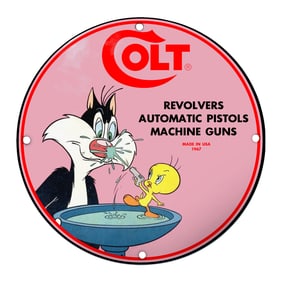 Vibrant Colt Advertising Sign Featuring Iconic Characters and Classic Firearms Imagery