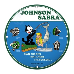 Whimsical Fishing Scene: Johnson Sabra Porcelain Sign Featuring Playful Characters