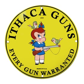 Charming Ithaca Guns Porcelain Sign Featuring Playful Cartoon Character (1957)