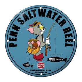 Penn Saltwater Reel Porcelain Sign Featuring Tom And Jerry: A Whimsical Fishing Scene