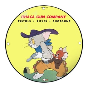 Ithaca Gun Company Vintage Porcelain Sign Featuring Iconic Tom and Jerry Duo