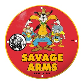Colorful 1966 Savage Arms Porcelain Sign Featuring Iconic Cartoon Characters