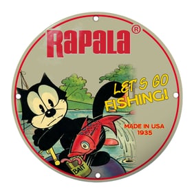 Vintage Rapala Fishing Sign Featuring Cartoon Cat and Vibrant Colors
