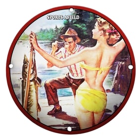Vivid Porcelain Sign Featuring Fisherman and Sunbather: Sports Afield Artwork