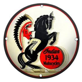 Vibrant Porcelain Sign Featuring the 1934 Indian Motorcycles Logo with Iconic Imagery