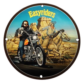 Thrilling Round Porcelain Sign Featuring an Easyriders Motorcycle Scene
