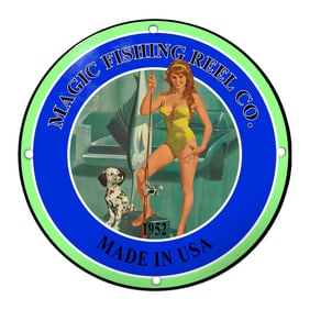 Vivid Mid-Century Magic Fishing Reel Co. Porcelain Sign with Classic Imagery