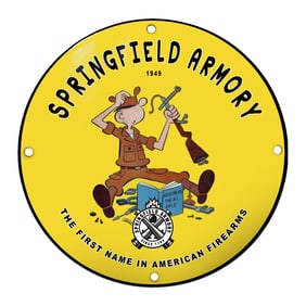 Vintage Springfield Armory Porcelain Sign Featuring Cartoon Gunsmith Design