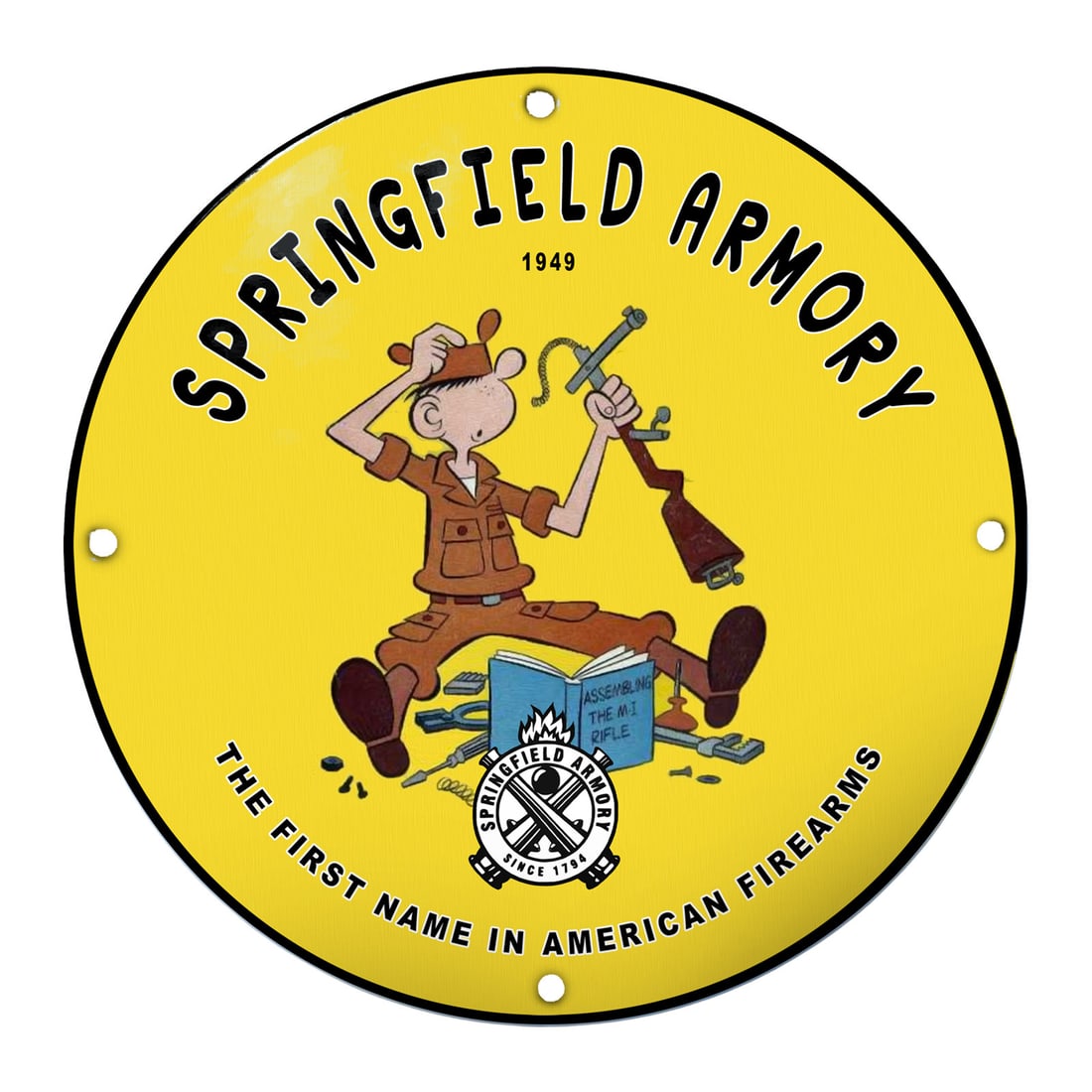 Vintage Springfield Armory Porcelain Sign Featuring Cartoon Gunsmith Design: This striking porcelain sign features a vibrant yellow background that immediately draws attention, making it ideal for collectors of firearm memorabilia or unique decorative pieces. Dominating the up