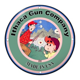 Ithaca Gun Company Porcelain Sign Featuring Classic Cartoon Imagery (1955)