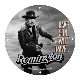 Iconic Remington 'Have Gun, Will Travel' Porcelain Sign with Classic Western Imagery