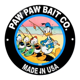 Charming Paw Paw Bait Co. Sign Featuring Donald Duck and Friends Fishing Scene