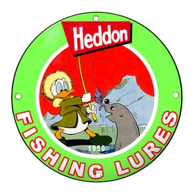 Vintage Heddon Fishing Lures Porcelain Sign with Cartoon Duck - 1950 Artwork