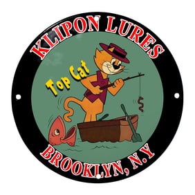 Klipon Lures Porcelain Sign Featuring Top Cat Fishing Adventure