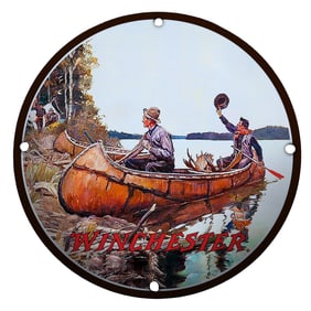 Captivating Winchester Canoe Scene Porcelain Sign: A Nostalgic Outdoor Adventure