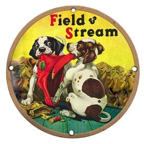 Charming Canine Capers: Field & Stream Porcelain Sign Featuring Playful Dogs