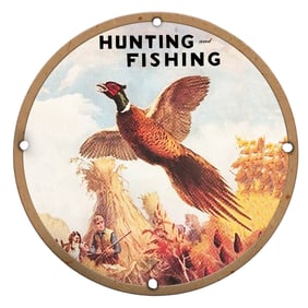 Vivid Porcelain Sign Featuring Hunting and Fishing Scene with Colorful Pheasant