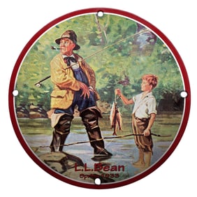 Charming L.L. Bean Porcelain Sign: A Fisherman and Boy in Nature's Embrace
