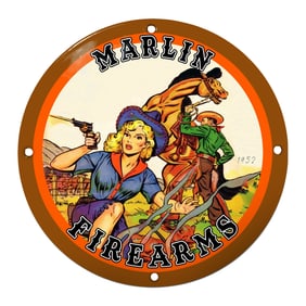 1952 Marlin Firearms Porcelain Sign Featuring Daring Western Artwork