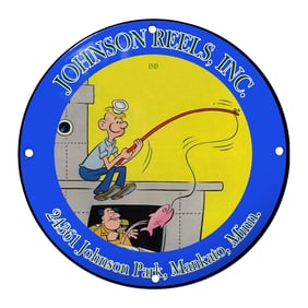 Playful Porcelain Sign Featuring Johnson Reels, Inc. with Whimsical Fishing Scene