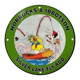 Colorful Porcelain Sign - Horrocks & Ibbotson Silver Lake Fly Rod Fishing Scene