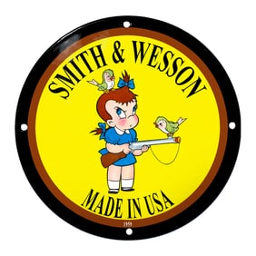 Whimsical Smith & Wesson Sign Featuring Cartoon Girl with Shotgun and Birds