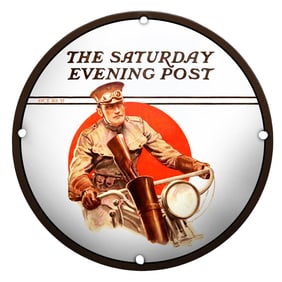Vintage Saturday Evening Post Porcelain Sign Featuring a Striking Motorcycle Officer