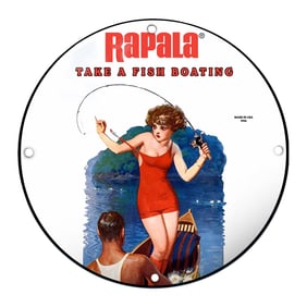 Vintage Rapala Fishing Sign: 'Take a Fish Boating' with Elegant Lady Fisherwoman Design