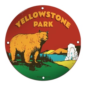 Vibrant Yellowstone Park Porcelain Sign Featuring Majestic Bear and Scenic Landscape