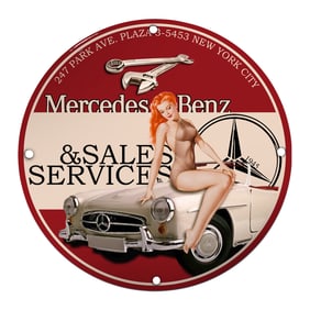 Captivating Mercedes-Benz Sign with Retro Pin-Up and Classic Car Imagery