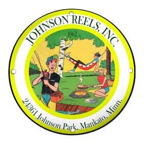 Vintage Johnson Reels Sign: A Vibrant Scene of Leisure and Outdoor Fun