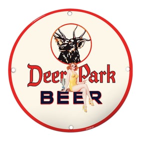 Vibrant Deer Park Beer Porcelain Sign Featuring Playful Pin-Up Art