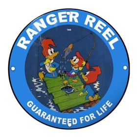 Ranger Reel Porcelain Sign Featuring Colorful Woodpeckers Fishing ? Guaranteed for Life