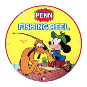 Vintage Penn Fishing Reel Porcelain Sign Featuring Mickey Mouse and Pluto