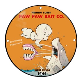 Vintage Paw Paw Bait Co. Fishing Lures Sign with Playful Cartoon Imagery