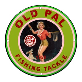 Vintage 1950 Old Pal Fishing Tackle Porcelain Sign Featuring Playful Angler and Dog