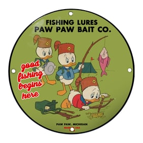 Charming Porcelain Sign Featuring Paw Paw Bait Co. and Playful Cartoon Ducks