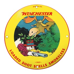 Vintage Winchester Porcelain Sign Featuring Cartoon Duck and Moose - 1957