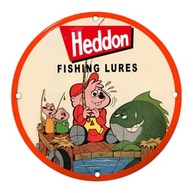 Heddon Fishing Lures Porcelain Sign Featuring Cheerful Cartoon Characters