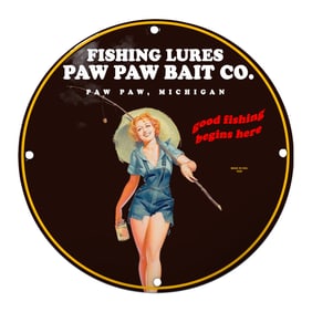 Iconic Porcelain Sign of Paw Paw Bait Co. Featuring Cheerful Fishing Girl