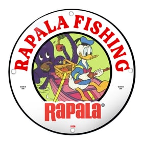 Playful Rapala Fishing Sign Featuring Donald Duck and an Octopus