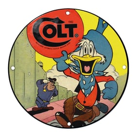 Playful Colt Porcelain Sign Featuring Cartoon Cowboy Duck 1952 Design