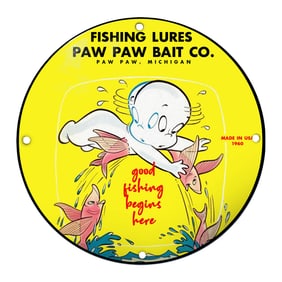 Vibrant Fishing Enthusiast's Sign: Paw Paw Bait Co. with Playful Spirit