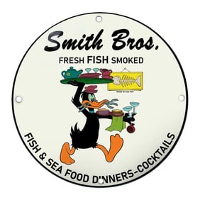 Smith Bros. Fresh Fish Smoked Porcelain Sign Featuring Iconic Duck Character