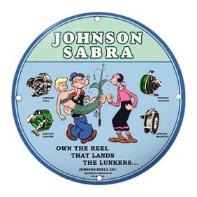 Vintage Johnson Sabra Fishing Sign with Iconic Popeye Imagery and Fishing Lures