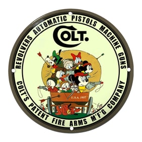 Colt's 1957 Animated Firearms Porcelain Sign Featuring Cartoon Characters
